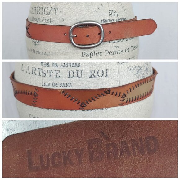 Vintage Lucky Brand Belt Large 36" Tan Leather Patch Stitch - Picture 1 of 11